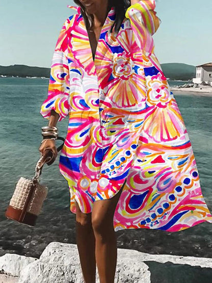 Rosario | Hemdblusenkleid in Midilänge mit Blumenmuster und langen Ärmeln  