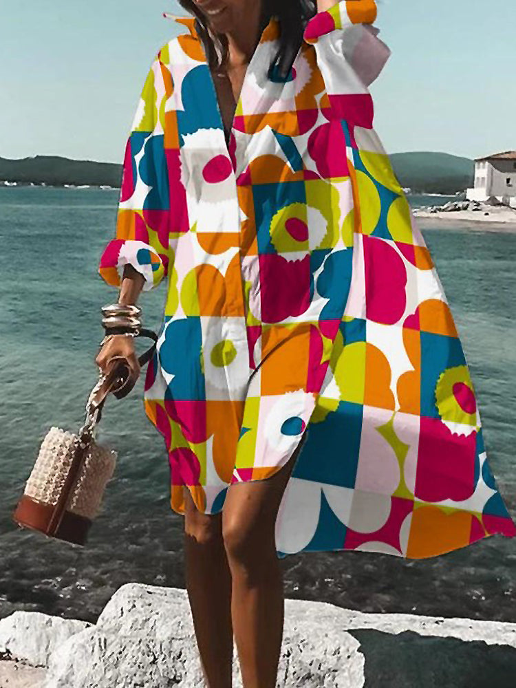 Rosario | Hemdblusenkleid in Midilänge mit Blumenmuster und langen Ärmeln  