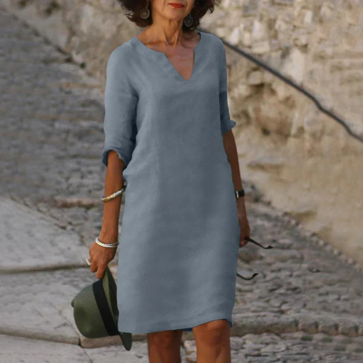 Lucía | Elegantes Midikleid für Damen mit V-Ausschnitt und langen Ärmeln  
