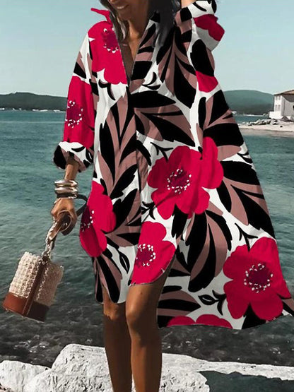Rosario | Hemdblusenkleid in Midilänge mit Blumenmuster und langen Ärmeln  