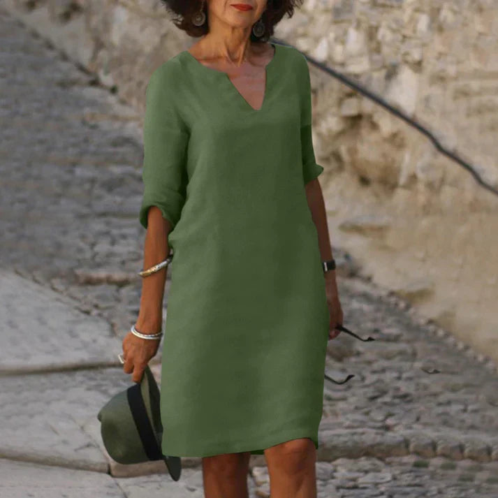 Lucía | Elegantes Midikleid für Damen mit V-Ausschnitt und langen Ärmeln  