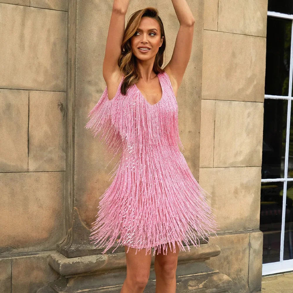 Isidora | Vestido de cóctel para mujer con flecos y plumas