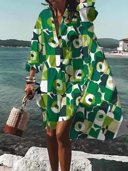 Rosario | Hemdblusenkleid in Midilänge mit Blumenmuster und langen Ärmeln  