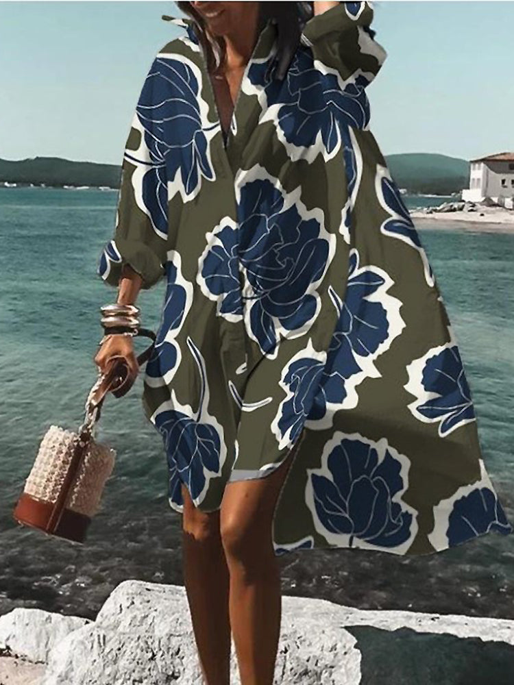 Rosario | Hemdblusenkleid in Midilänge mit Blumenmuster und langen Ärmeln  
