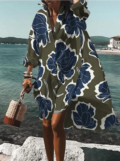 Rosario | Hemdblusenkleid in Midilänge mit Blumenmuster und langen Ärmeln  