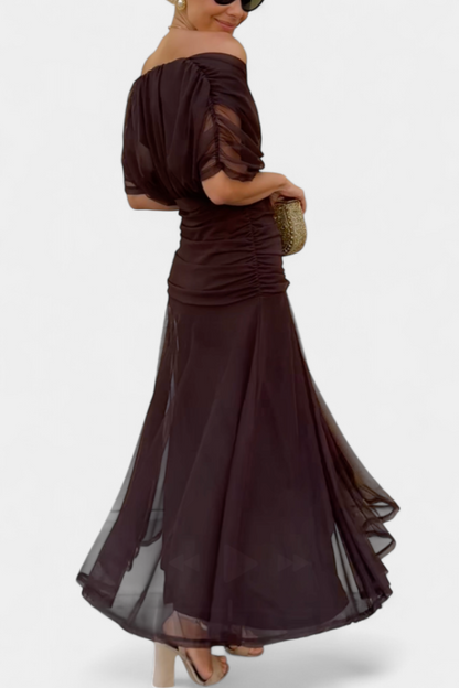 Iselina | Vestido largo fruncido para mujer con cuello en V elegante | Fluido