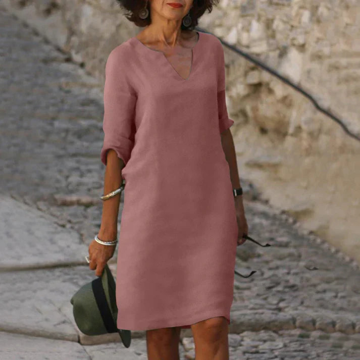 Lucía | Elegantes Midikleid für Damen mit V-Ausschnitt und langen Ärmeln  