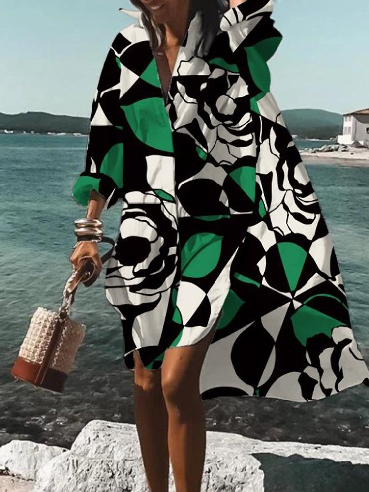 Rosario | Hemdblusenkleid in Midilänge mit Blumenmuster und langen Ärmeln  