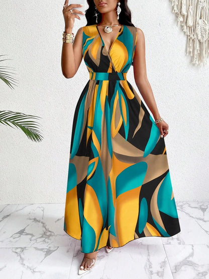 Paula | Maxikleid für Damen mit V-Ausschnitt und abstraktem Muster  