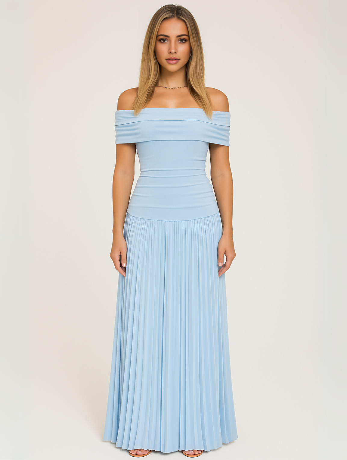 Dalia | Plissiertes Maxikleid für die Hochzeit mit schulterfreiem Design für Damen