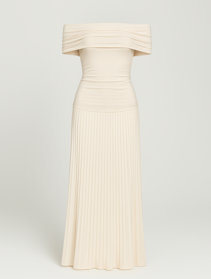 Dalia | Plissiertes Maxikleid für die Hochzeit mit schulterfreiem Design für Damen