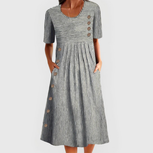 Carmen | Vestido midi de mujer con rayas y botones decorativos