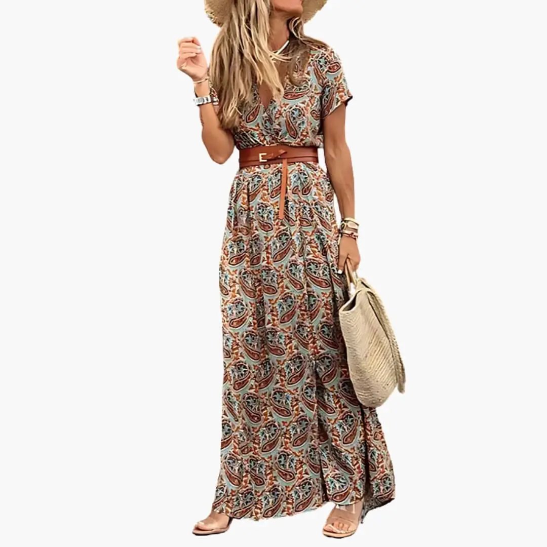 Rosa | Maxikleid für Damen mit kurzen Ärmeln und geraffter Taille  
