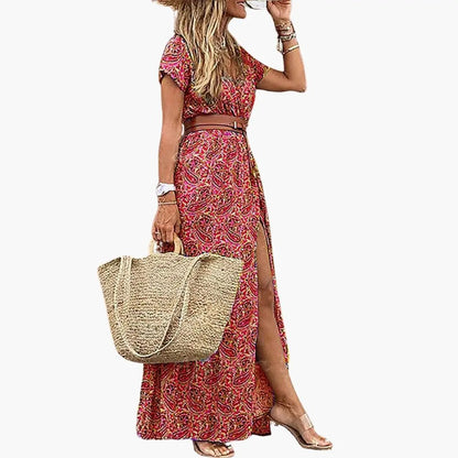 Rosa | Maxikleid für Damen mit kurzen Ärmeln und geraffter Taille  