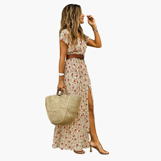 Rosa | Vestido maxi para mujer con manga corta y cintura fruncida
