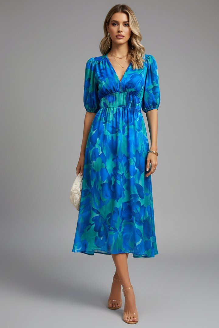 Mónica | Robe midi à imprimé floral et col en V pour femme