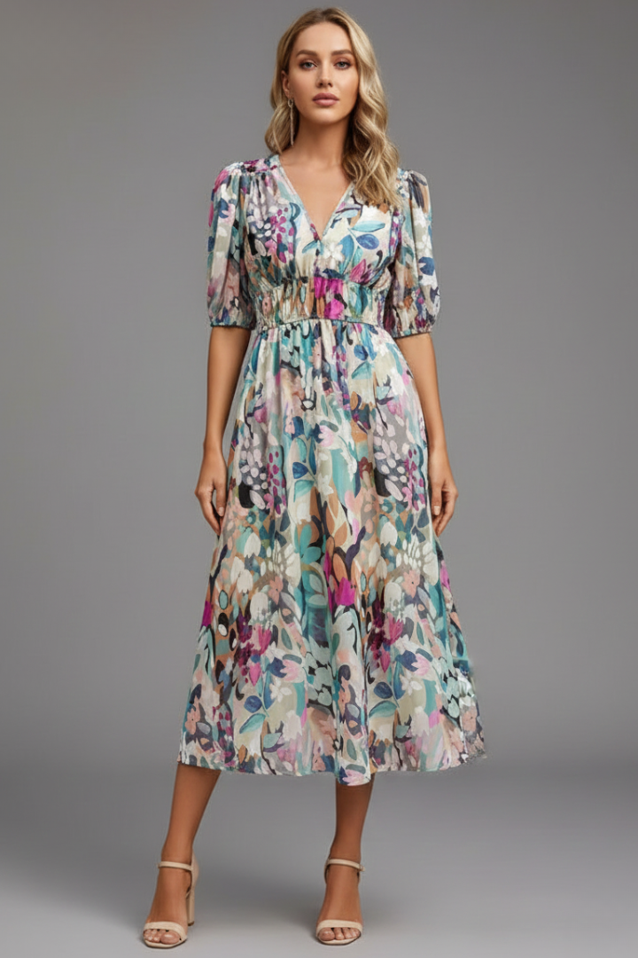 Mónica | Robe midi à imprimé floral et col en V pour femme