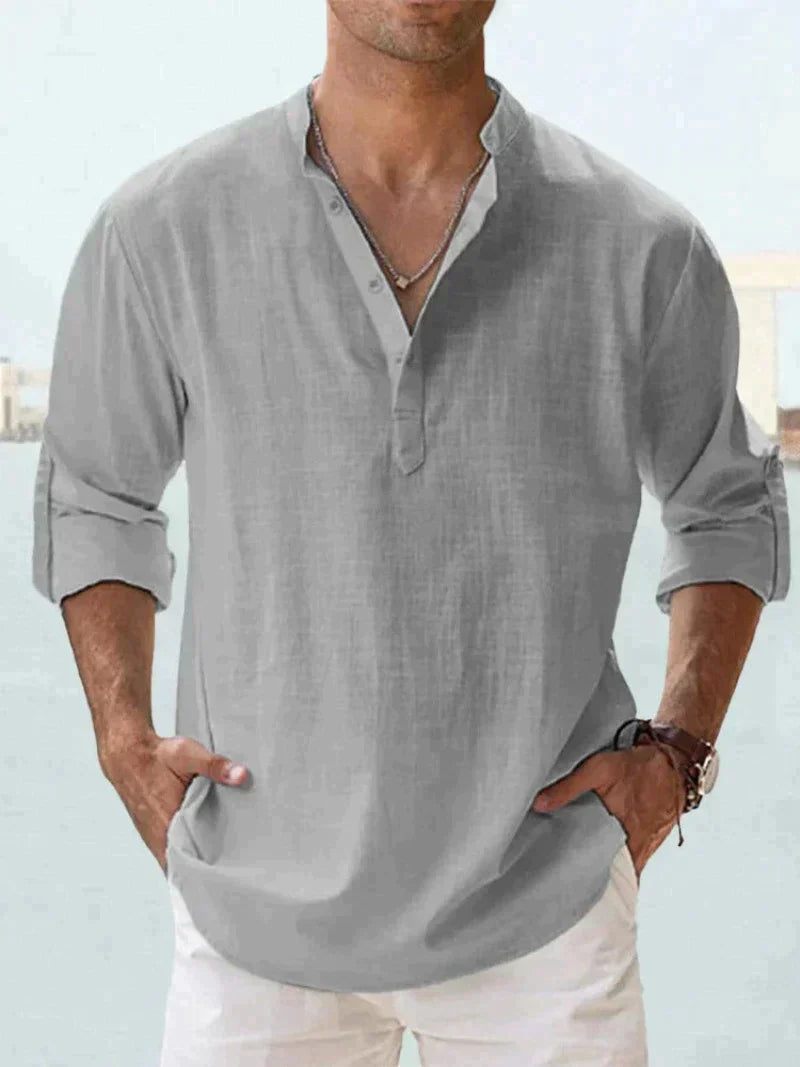 Javier | Hombre camisa con manga larga y corte suelto cuello sin solapa