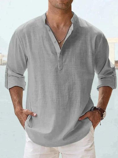 Javier | Hombre camisa con manga larga y corte suelto cuello sin solapa