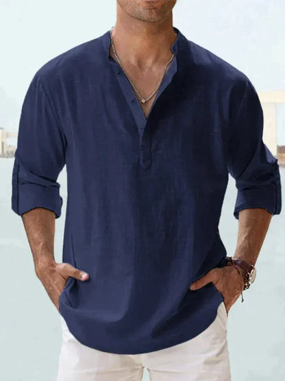 Javier | Hombre camisa con manga larga y corte suelto cuello sin solapa
