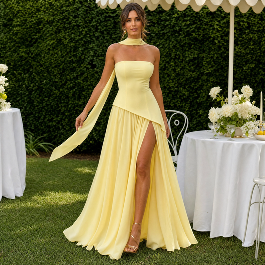 Ella | Vestido maxi asimétrico sin tirantes para mujer