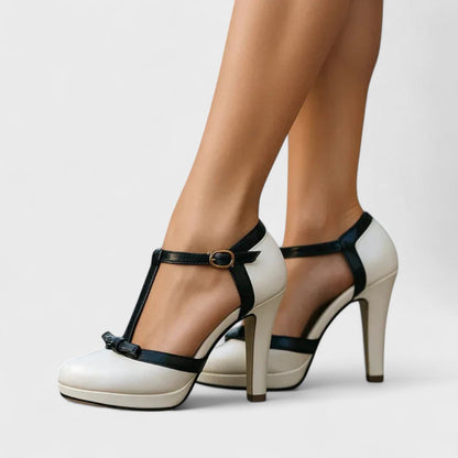 Amriel | Sandalias de tacón alto para mujer con tiras en T y lazo cómodas | Estables