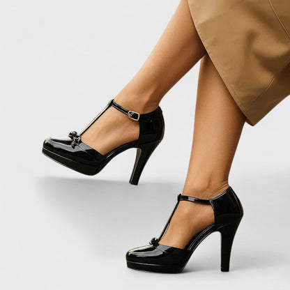 Amriel | Sandalias de tacón alto para mujer con tiras en T y lazo cómodas | Estables
