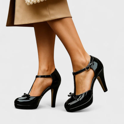 Amriel | Sandalias de tacón alto para mujer con tiras en T y lazo cómodas | Estables