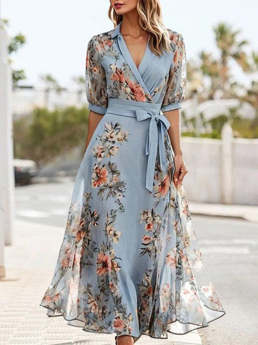 Lourdes | Vestido midi con cuello V y estampado floral con cinturón