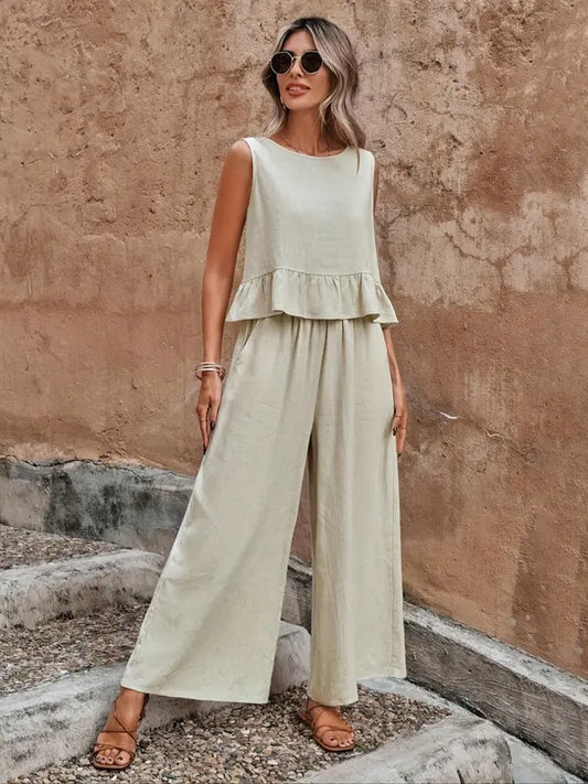 Begoña | Conjunto para mujer con top sin mangas y pantalón ancho