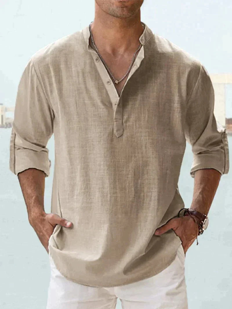 Javier | Hombre camisa con manga larga y corte suelto cuello sin solapa