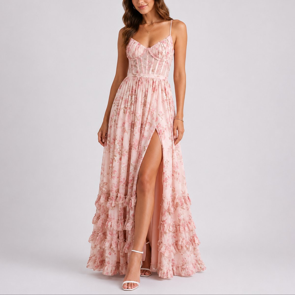 Magdalena | Vestido maxi floral para mujer con corsé y volantes