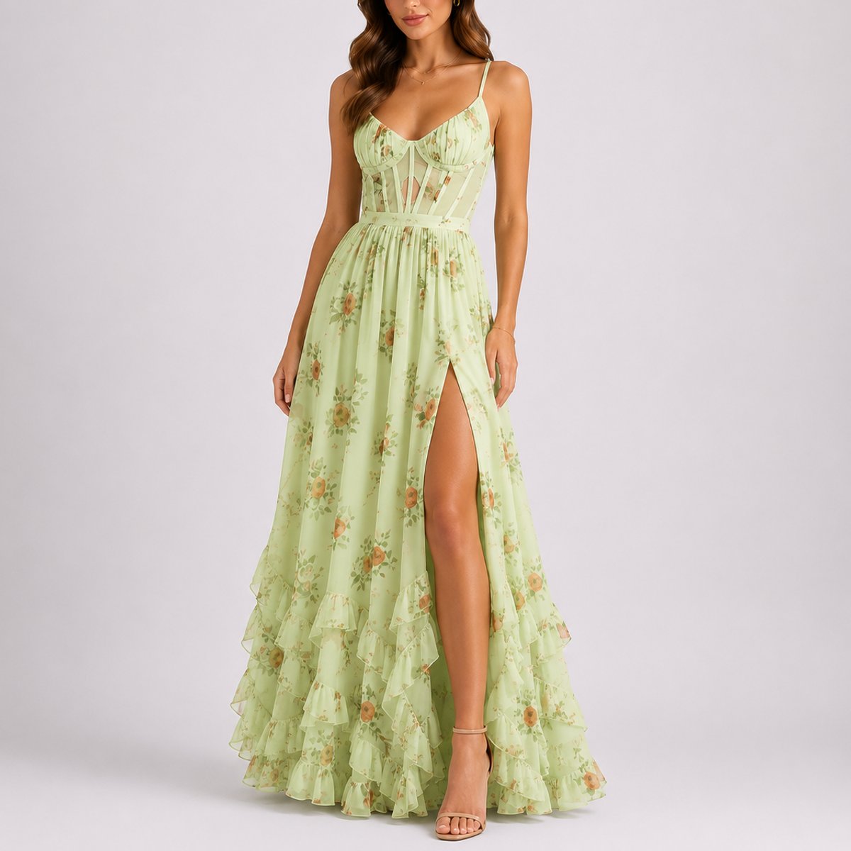 Magdalena | Vestido maxi floral para mujer con corsé y volantes