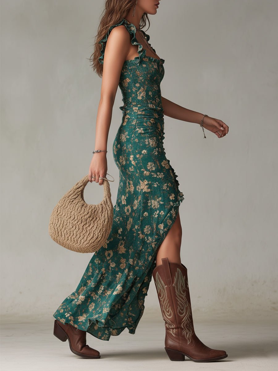 Belinda | Maxikleid im Boho-Stil für Damen mit Blumenmuster und Schlitz  