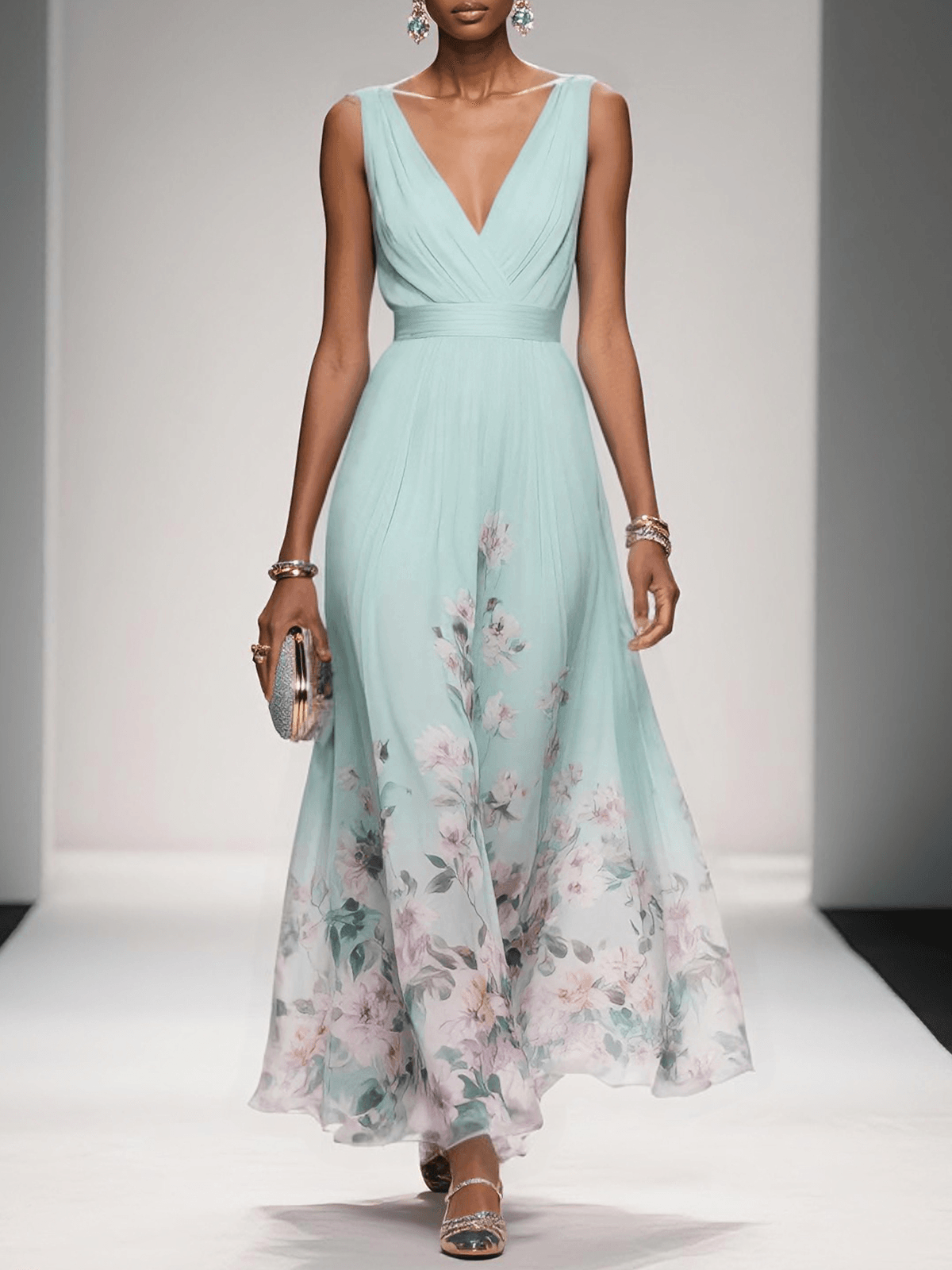 Daniela | Maxikleid für Damen mit Blumenmuster und V-Ausschnitt  