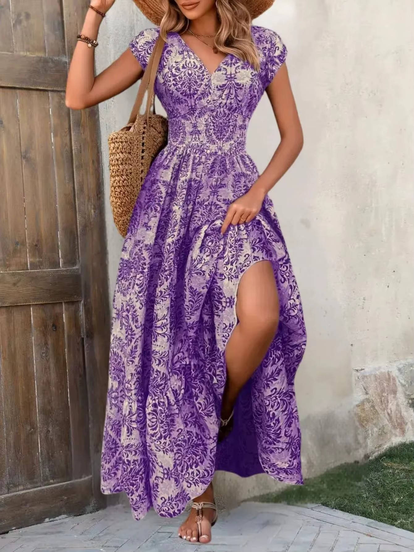 Cristina | Boho-Maxikleid für Damen mit Muster und Raffungen