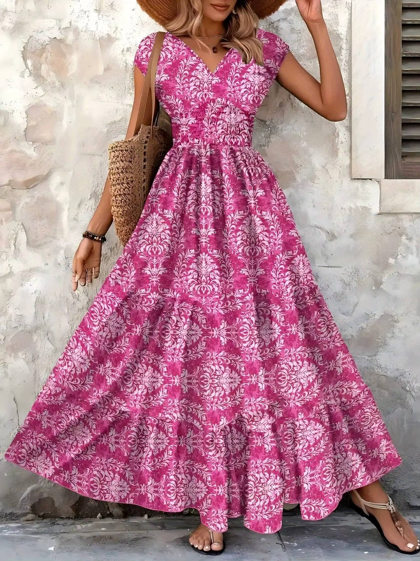 Cristina | Boho-Maxikleid für Damen mit Muster und Raffungen