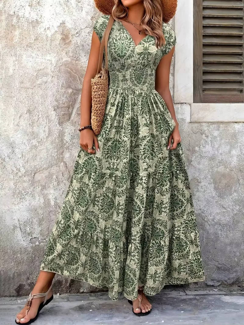 Cristina | Boho-Maxikleid für Damen mit Muster und Raffungen