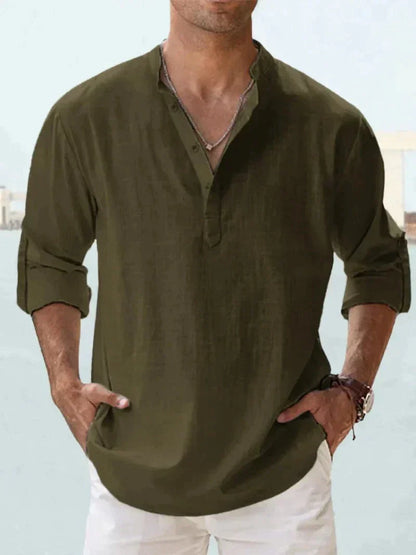 Javier | Hombre camisa con manga larga y corte suelto cuello sin solapa