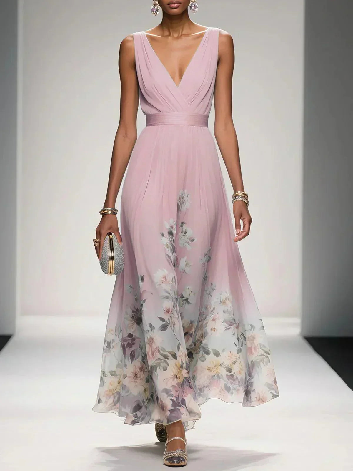 Daniela | Maxikleid für Damen mit Blumenmuster und V-Ausschnitt  