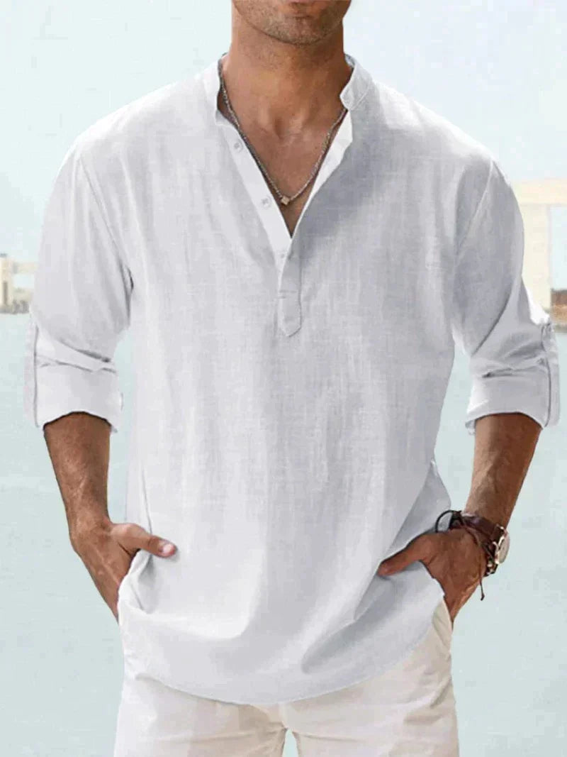 Javier | Hombre camisa con manga larga y corte suelto cuello sin solapa