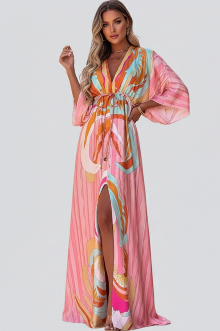 Marisol | Vestido largo de mujer con estampado y escote en V con cinturón