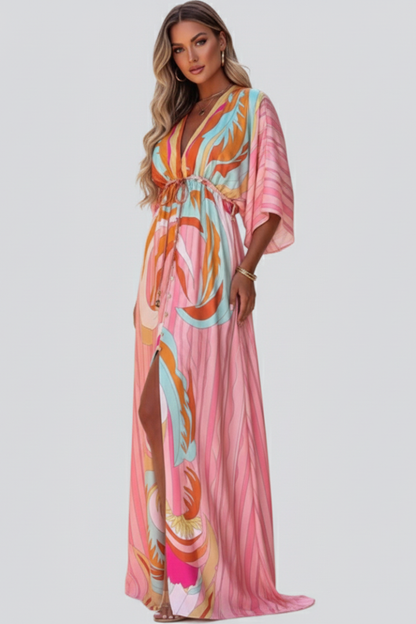 Marisol | Vestido largo de mujer con estampado y escote en V con cinturón