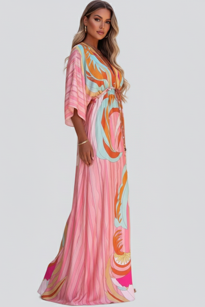 Marisol | Vestido largo de mujer con estampado y escote en V con cinturón