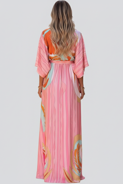 Marisol | Vestido largo de mujer con estampado y escote en V con cinturón