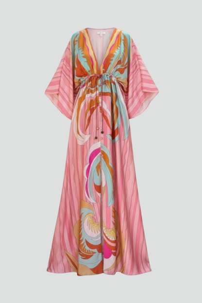 Marisol | Vestido largo de mujer con estampado y escote en V con cinturón