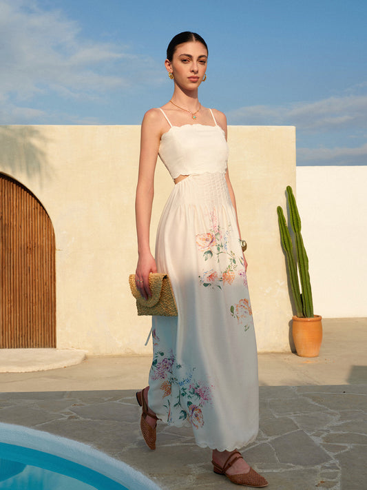 Rebeca | Vestido maxi para mujer floral con aberturas y bajo ondulado