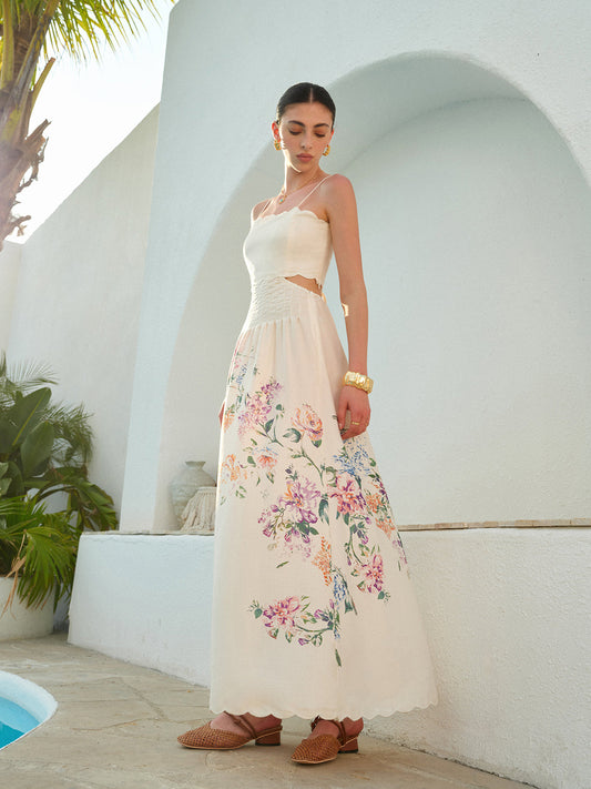Rebeca | Vestido maxi para mujer floral con aberturas y bajo ondulado