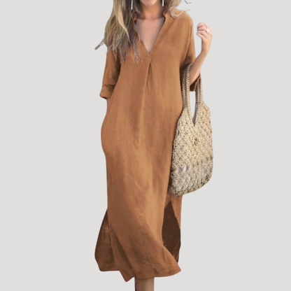 Leonela | Fließendes Midikleid für Damen mit V-Ausschnitt  