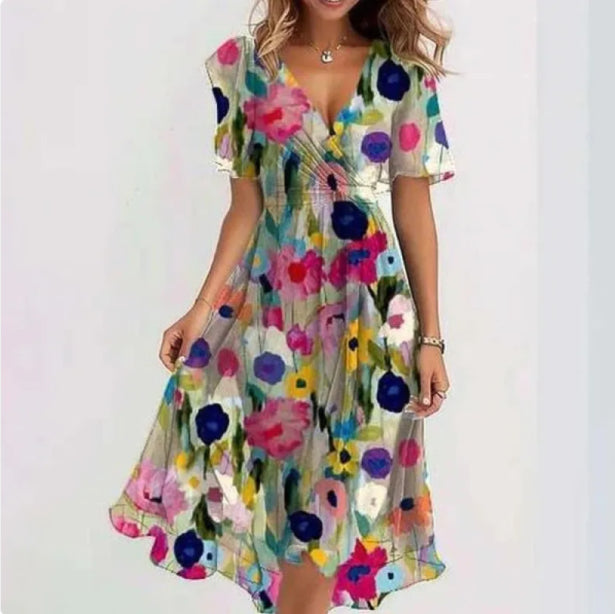 Flerida | Vestido midi con escote en V y mangas cortas | Midi